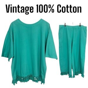 Vintage 90s Lounge Set Sz XL Teal Fringe Tunic Top + Pants Boho Relaxed Fit VGUC